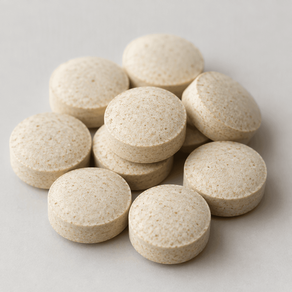 Several small, round, pale beige tablets with smooth, finely speckled surfaces are loosely arranged.