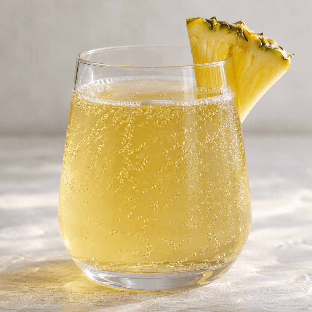 A pale golden-yellow, clear fizzy drink sits in a glass, with fine bubbles rising through it.