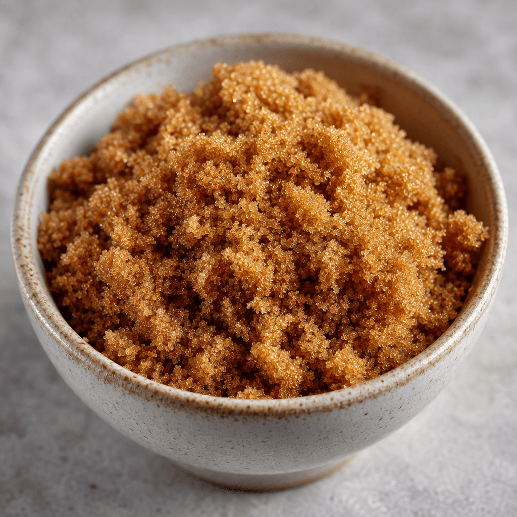 Loose, moist-looking brown sugar crystals with a warm caramel-brown colour and slightly clumped, irregular grains, served in a small ceramic bowl on a plain surface.