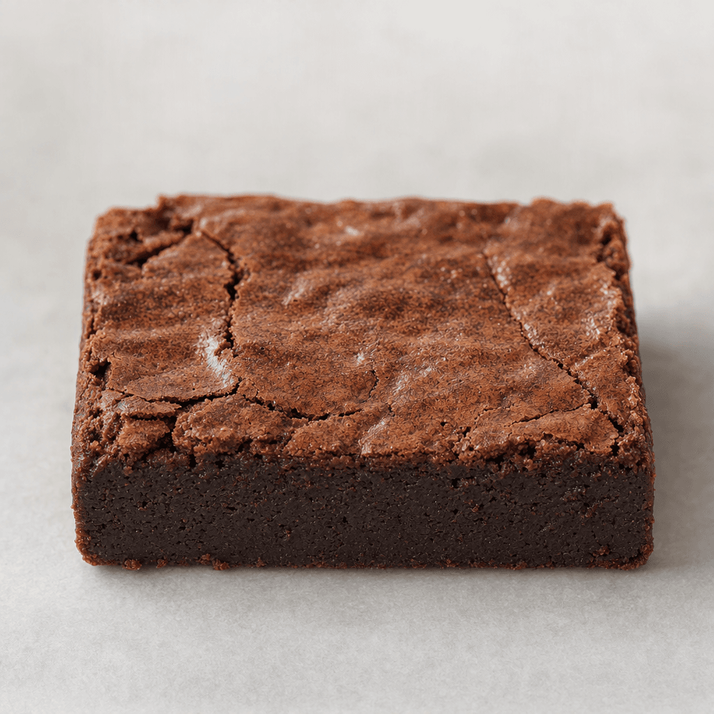 Düz bir yüzey üzerinde duran, üstü hafif çatlak dokulu koyu kahverengi ve kenarları sıkı, düzgün görünümlü dikdörtgen bir brownie.