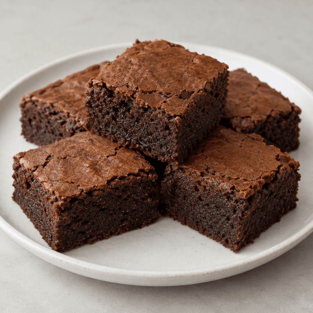A square, thick chocolate-brown cake with a slightly cracked, matte top, dense fudgy interior, and moist-looking crumb, cut into neat rectangular pieces and arranged on a plain plate.