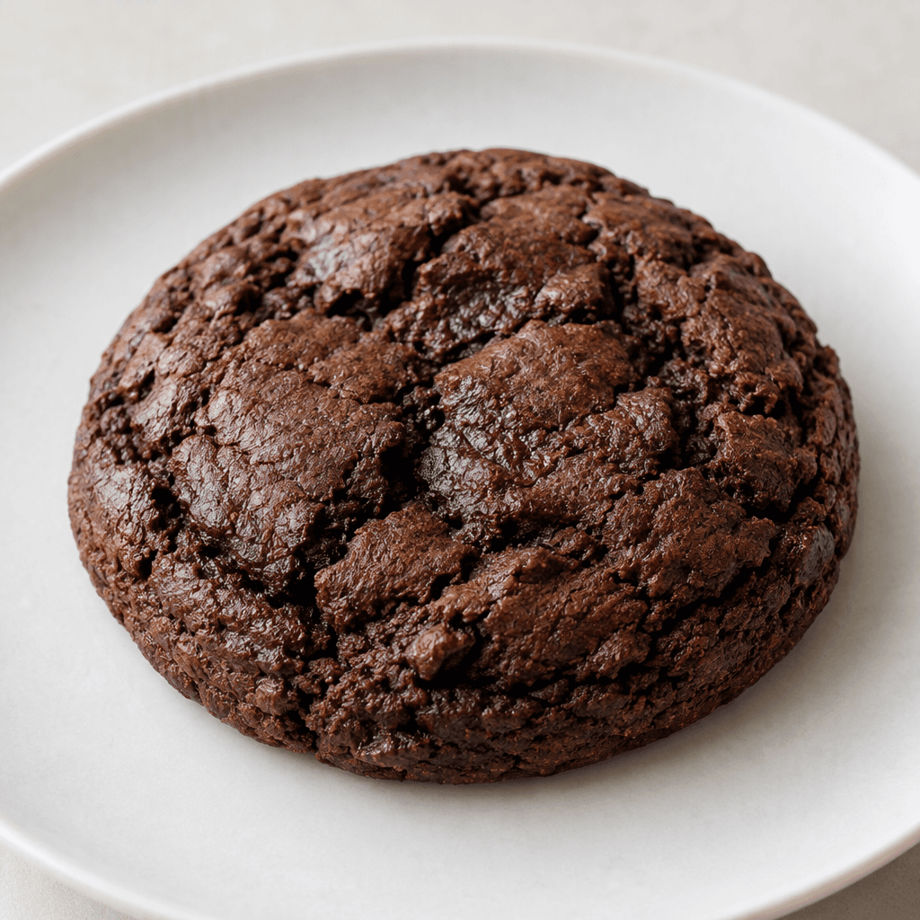 A thick, round, dark chocolate-brown cookie with a slightly cracked, crinkled surface, firm-looking edges, and a dense, fudgy-looking center, served on a plain plate.