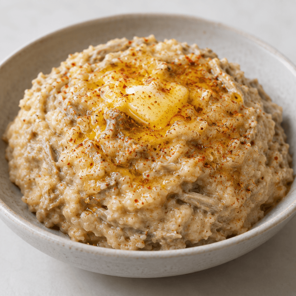 A mound of thick, pale beige softened wheat, mashed to a creamy yet slightly grainy texture with fine strands of meat, is served in a shallow dish and topped with glossy golden butter and a dusting of red pepper.