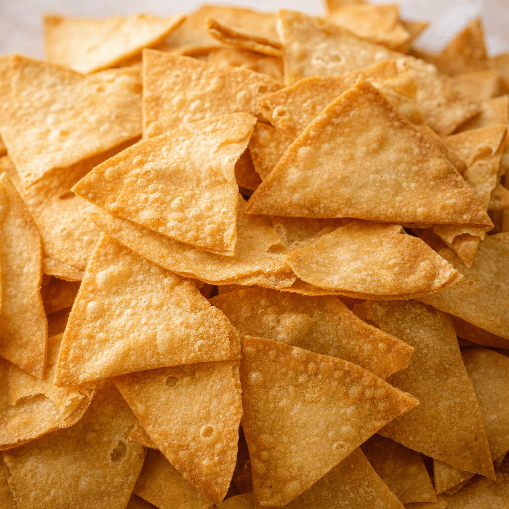 Thin, crisp wheat chips cut into small triangles, with irregular edges, a lightly bubbled surface, and an even golden-brown color, are loosely piled together.