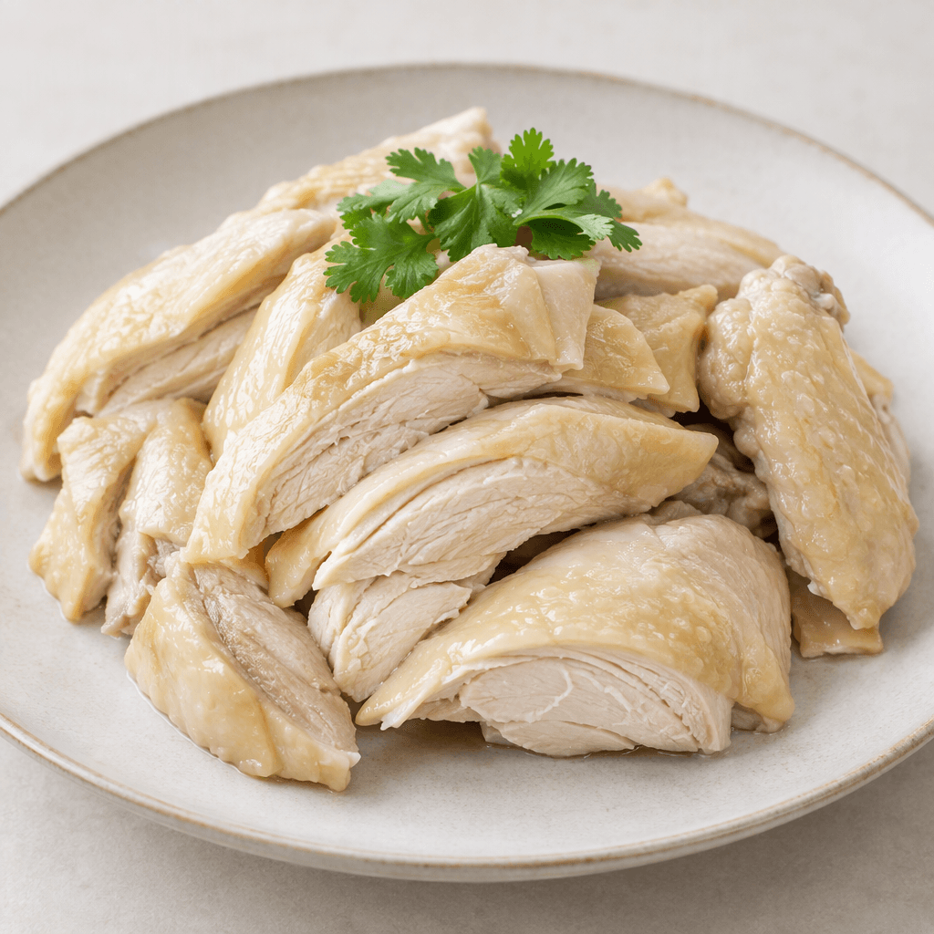 Pale ivory steamed chicken pieces with a faint sheen and softly visible fibers are arranged on a plate.