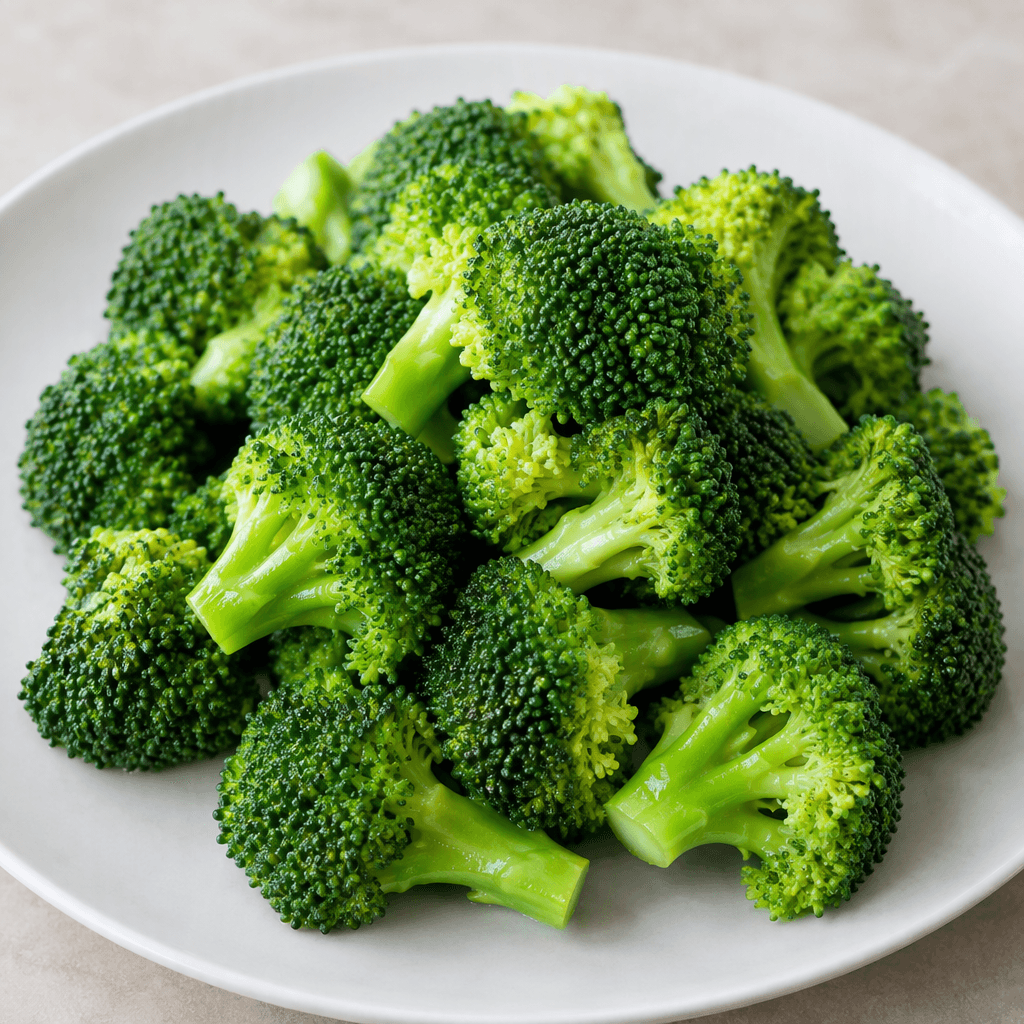 Bright green broccoli florets with compact, pebbled crowns and short tender stems, lightly glistening and piled loosely on a plain plate.