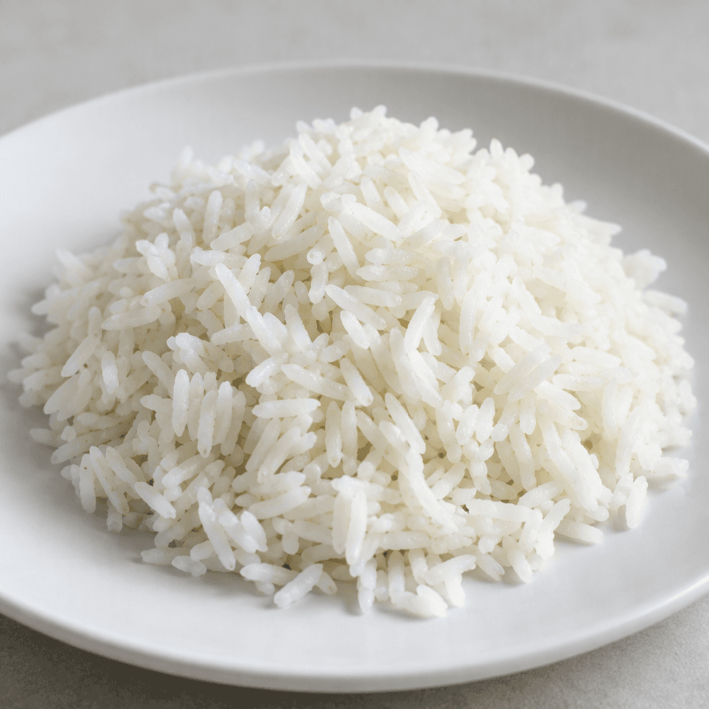 Fluffy, separate white rice grains with a soft, slightly glossy surface, piled loosely in a small mound on a plain plate.