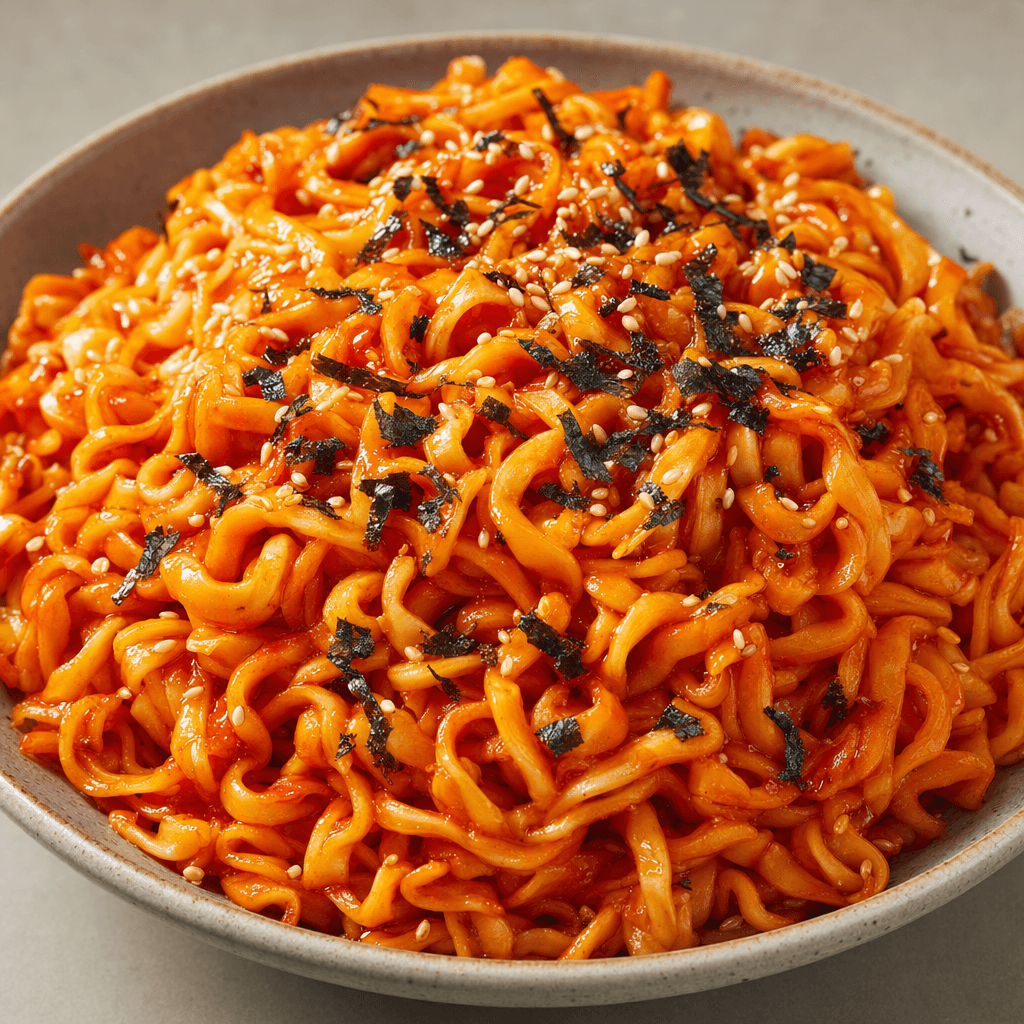Glossy, thick, curly noodles coated in a vivid red-orange sauce sit in a bowl, dotted with pale sesame seeds and small dark flakes.