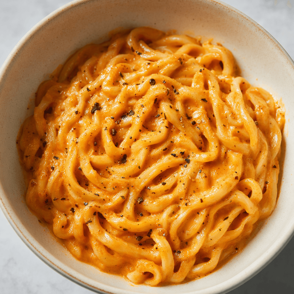 Thick, wavy noodles sit in a bowl, coated in a glossy creamy coral-orange sauce with a few dark seasoning flecks.