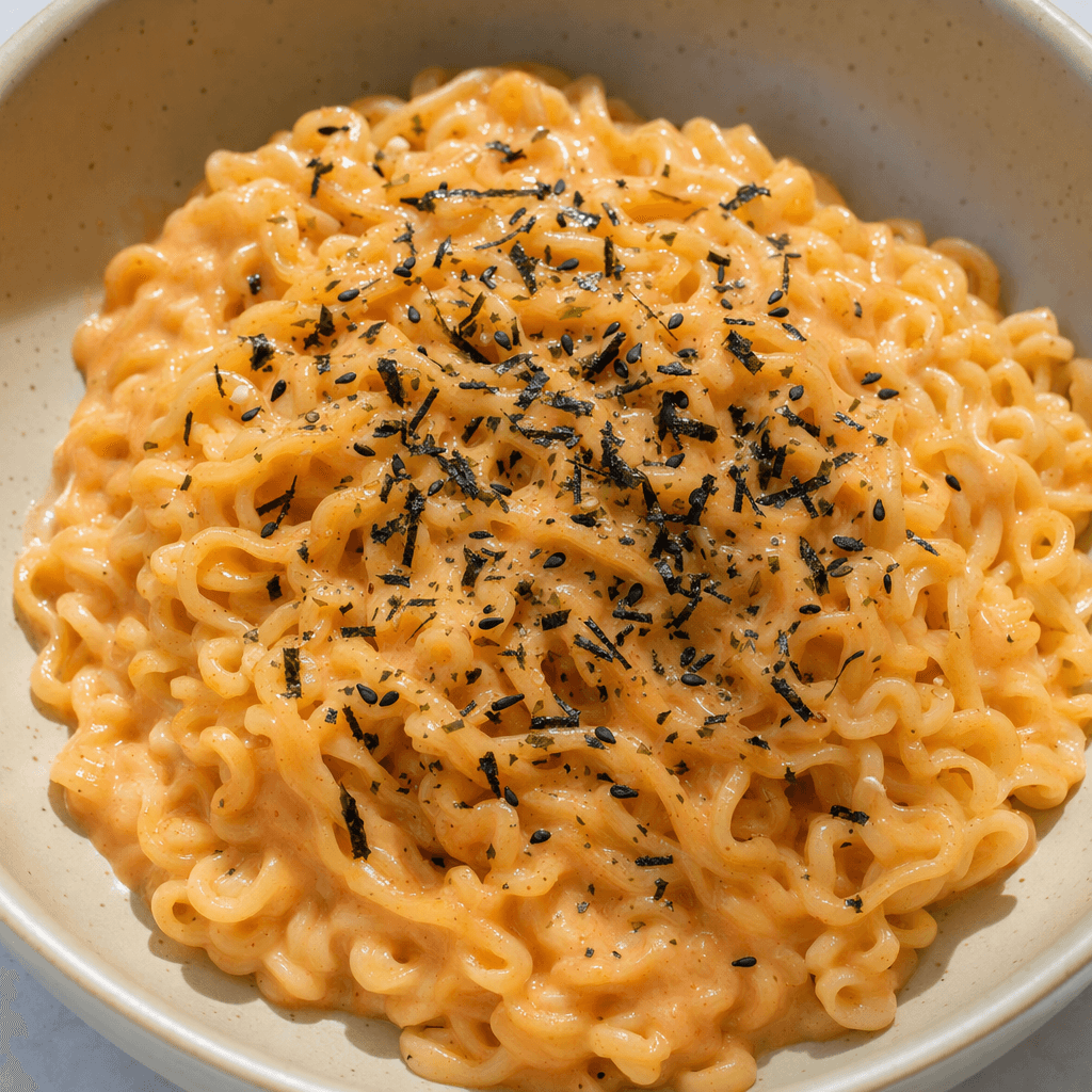 Thick, springy noodles coated in a glossy pale pink-orange cream sauce sit in a bowl, topped with scattered black sesame seeds and fine dark seaweed flakes.