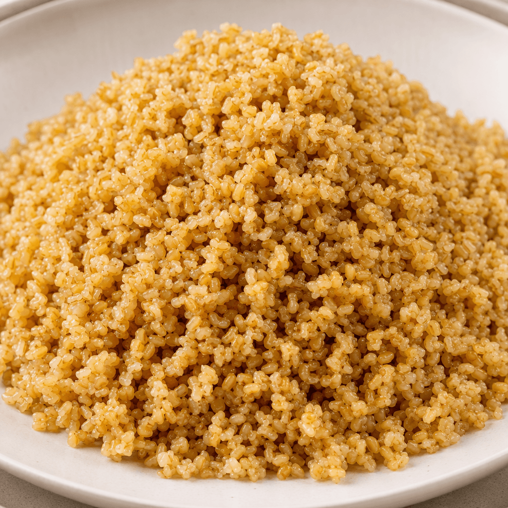 A mound of cooked bulgur made of small, irregular cracked wheat grains in warm tan and golden-brown tones, with a fluffy, slightly moist texture and individual grains visibly separated.