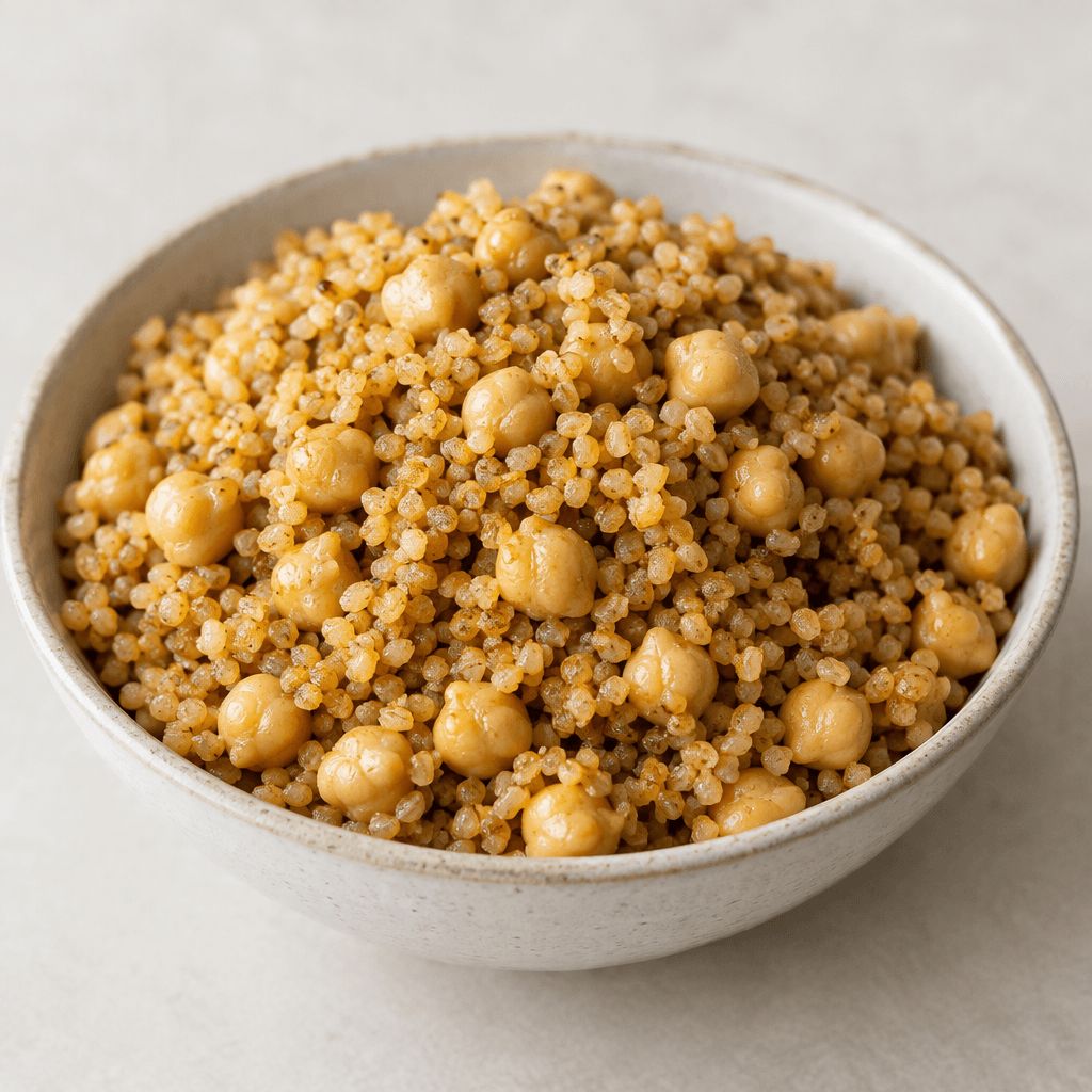 Coarse golden-brown bulgur grains mixed with round beige chickpeas are mounded in a shallow serving bowl, with the distinct grains and plump legumes clearly visible across the surface.