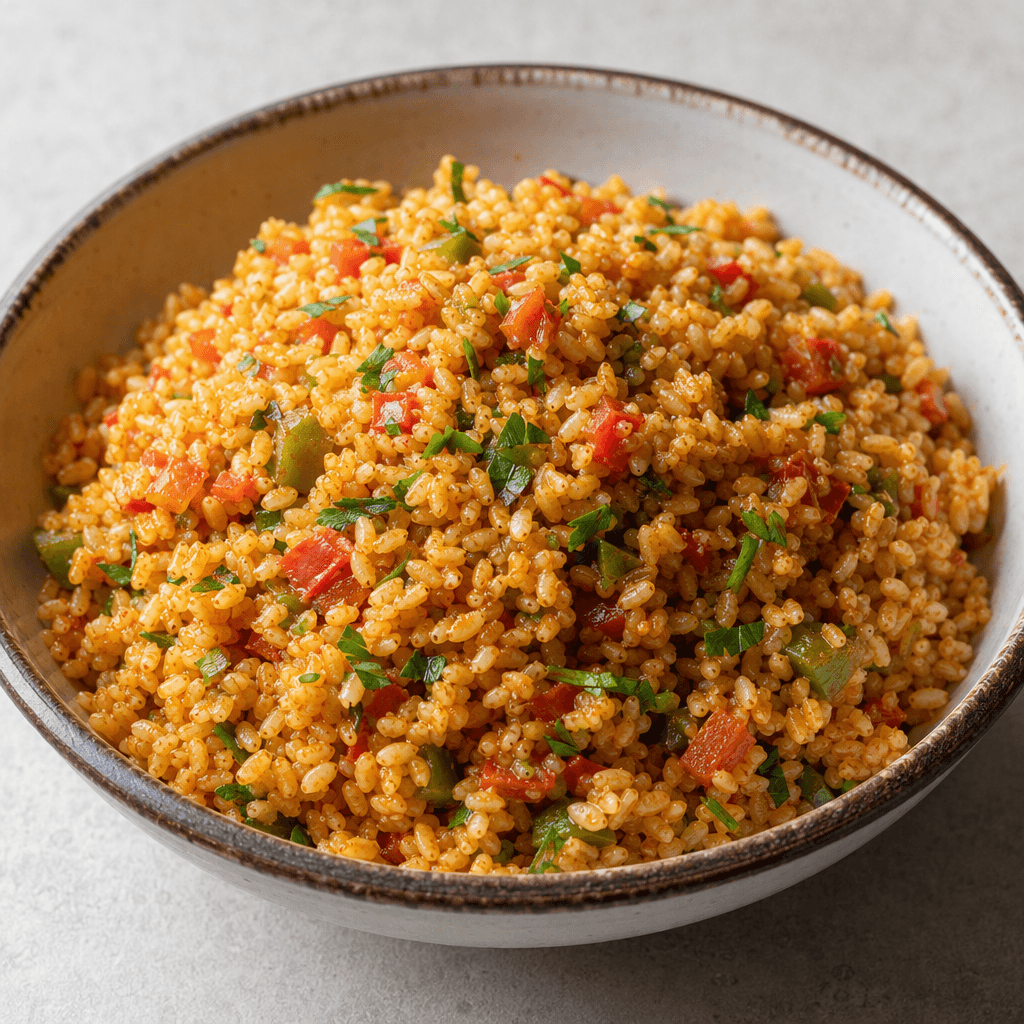 A mound of plump, separate golden-brown bulgur grains mixed with small pieces of red tomato and green pepper, served in a shallow bowl with a lightly glossy surface and a few scattered herbs on top.
