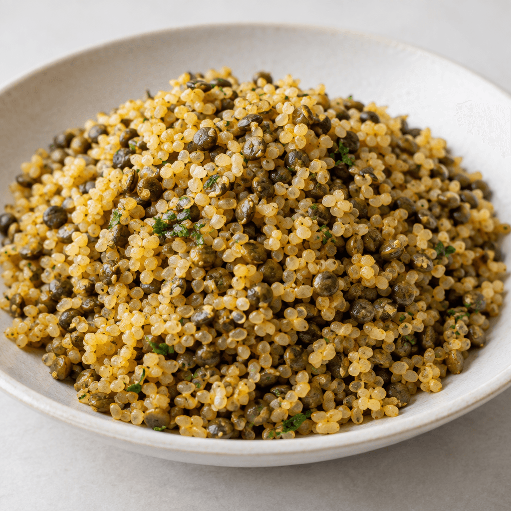 A loose mound of golden-brown bulgur grains mixed with small dark green lentils, with a coarse, fluffy texture, served in a shallow bowl or on a plate.
