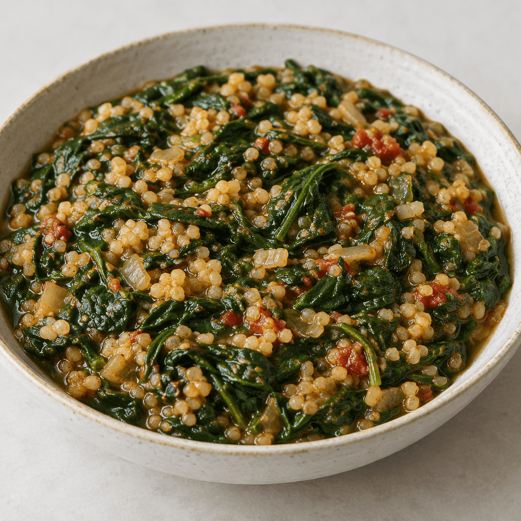 A spoonable stew of wilted dark-green spinach with small golden-brown bulgur grains, softened onion and tiny red tomato flecks visible in a glossy, moist mixture served in a shallow bowl.