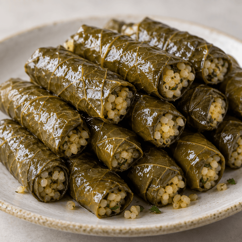 Koyu zeytin yeşili, hafif parlak asma yaprakları küçük ve sıkı rulolar hâlinde tabakta sıralanmış; uçlarından açık sarı bulgur taneleri görülüyor ve çevrelerinde birkaç tane dağınık duruyor.