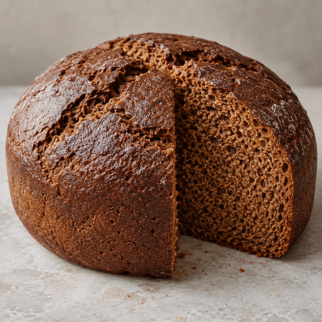 A thick, round, slightly domed dark-brown molasses bread with a matte, lightly cracked crust and a dense brown crumb visible in a cut piece.