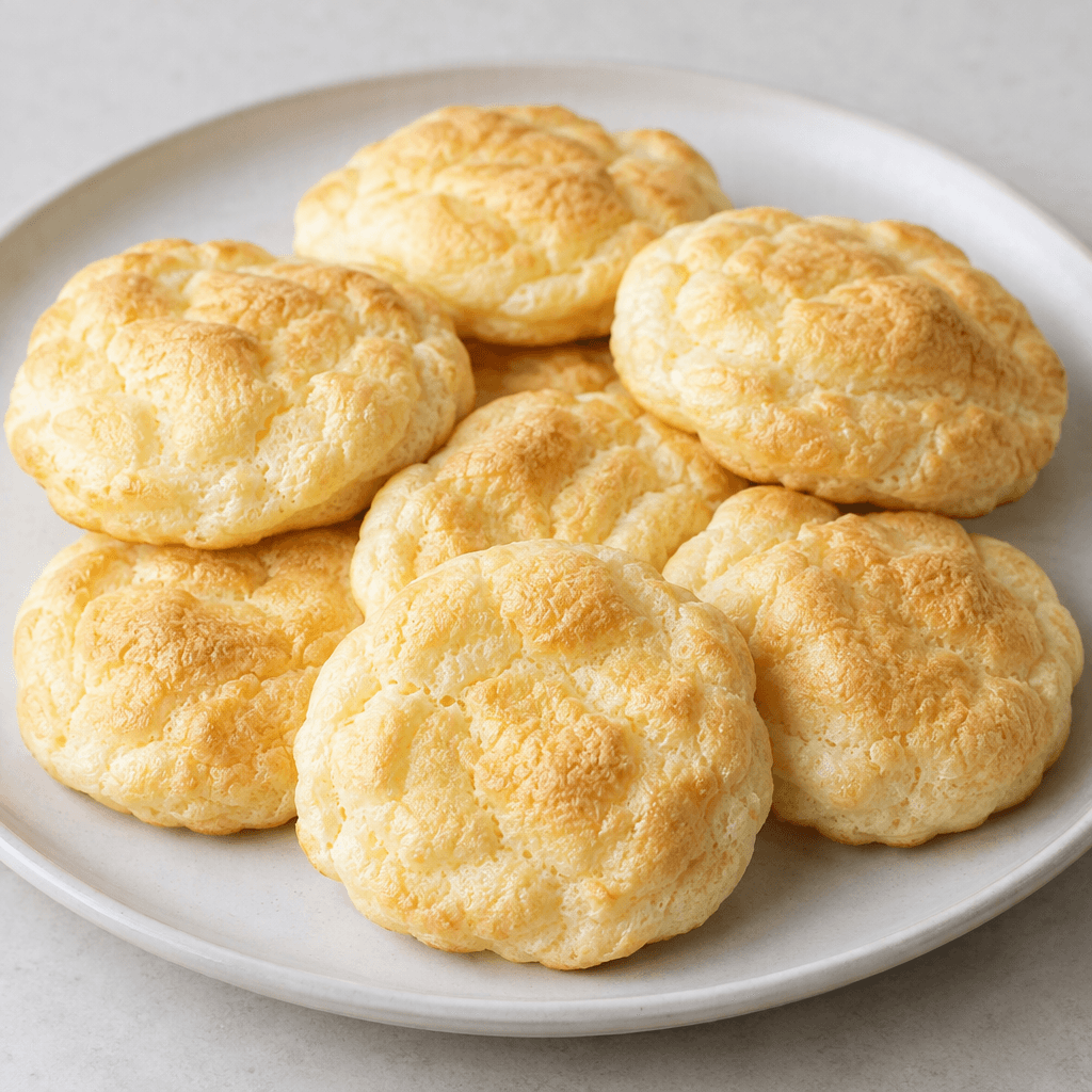 Several small, round cloud-bread pieces sit on a plate, their surfaces pale golden and softly domed with a light, airy, sponge-like texture and slightly uneven edges.