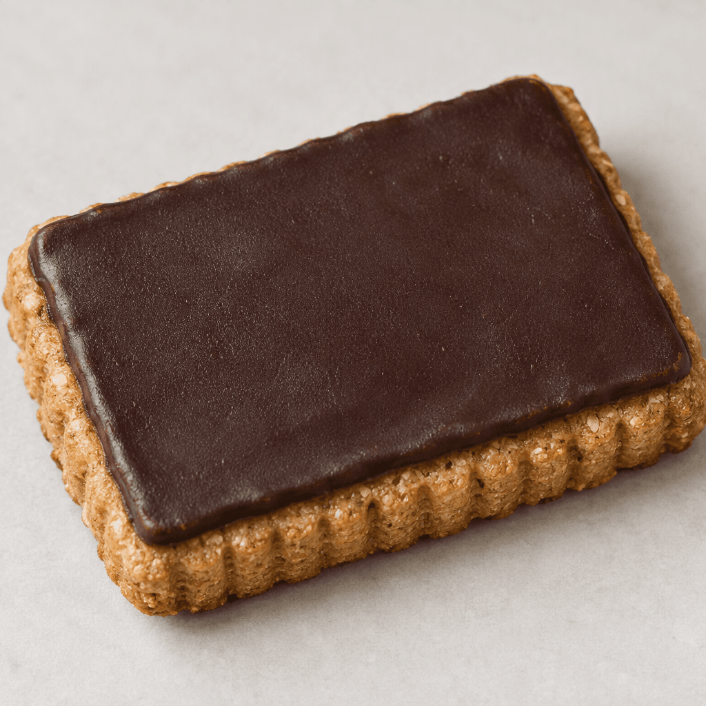 A rectangular, golden-brown biscuit with a lightly grainy surface, ridged edges and small perforations, topped on one side with a smooth, dark-brown chocolate layer.