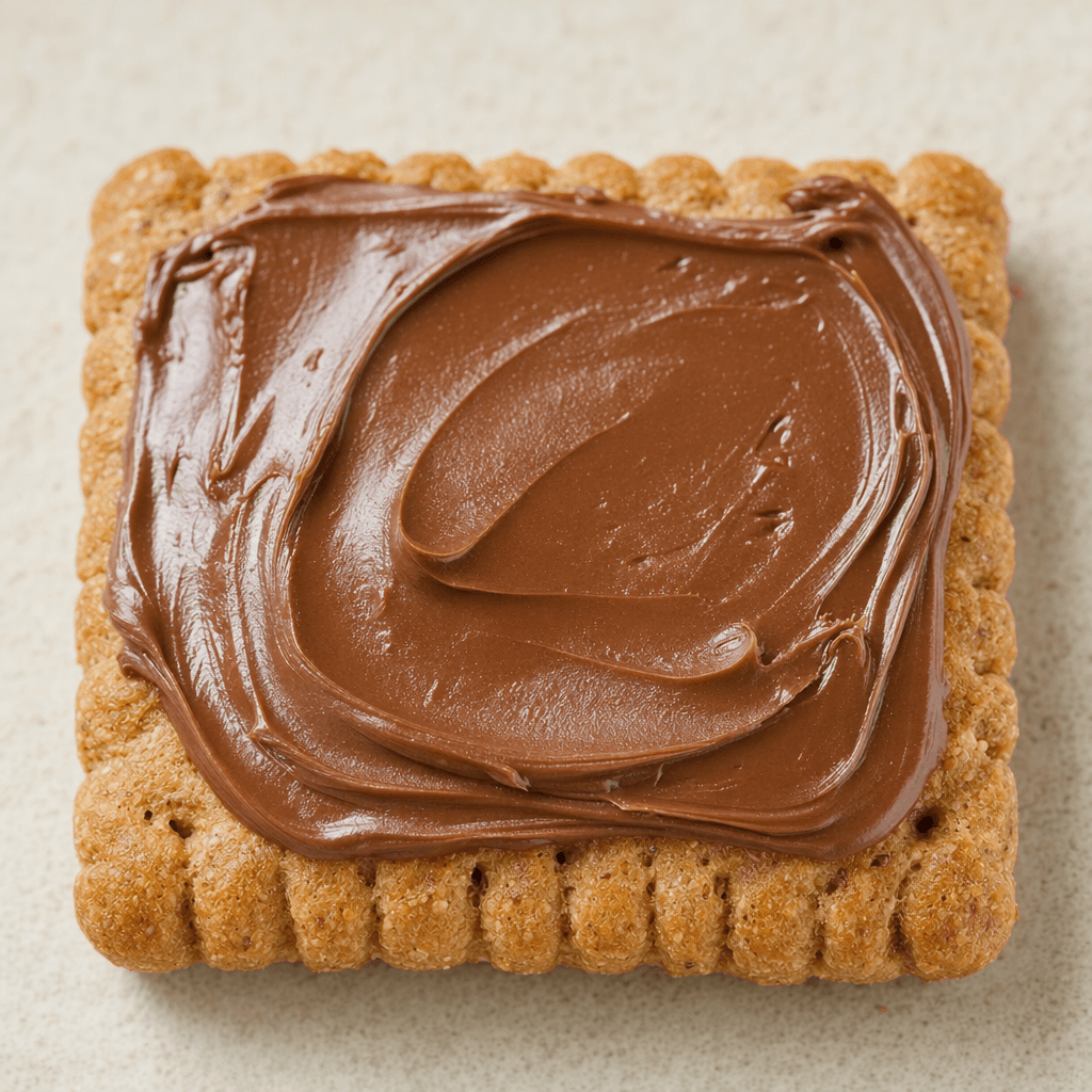 A golden-brown rectangular whole-grain biscuit with ridged edges and tiny surface perforations, topped with a thick, smooth layer of brown hazelnut spread.