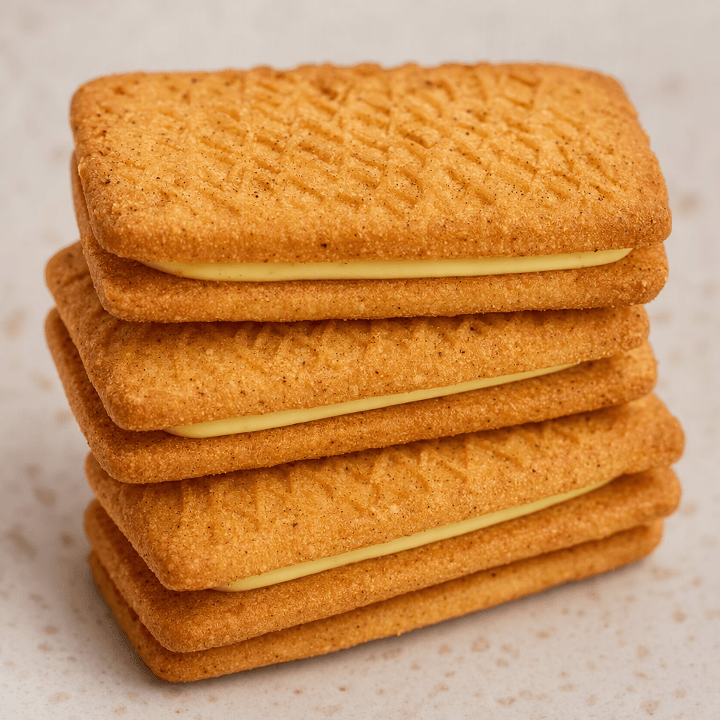 Rectangular golden-brown biscuits with a lightly speckled, grainy surface and an embossed pattern are stacked, with pale yellow filling visible between them.