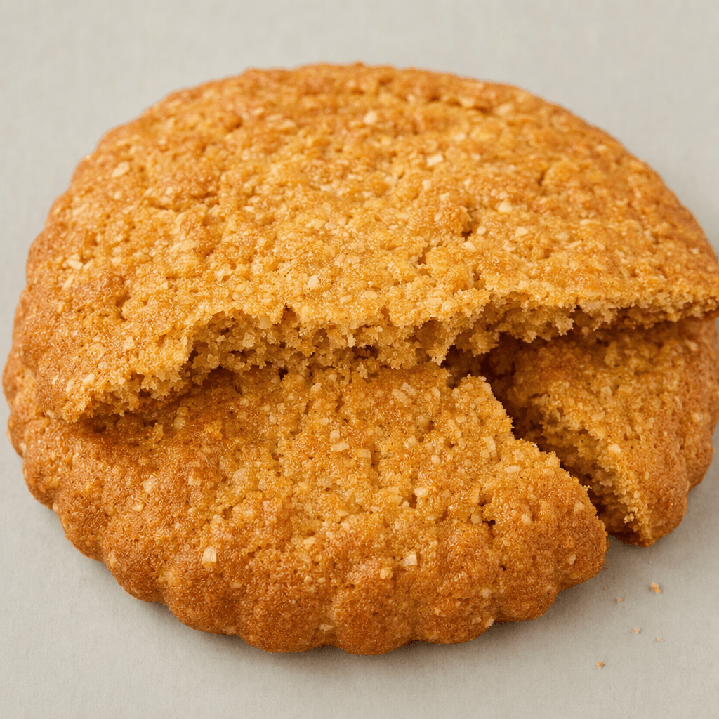 A round, flat golden-brown biscuit with a coarse, oat-flecked surface and a lightly scalloped edge, shown whole and broken to reveal its crumbly interior.