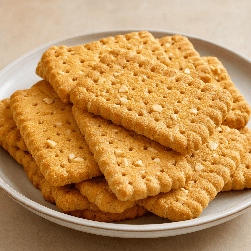 Golden-brown rectangular biscuits with softly rounded, ridged edges, a grainy surface, small perforations and visible peanut pieces are stacked on a plate.