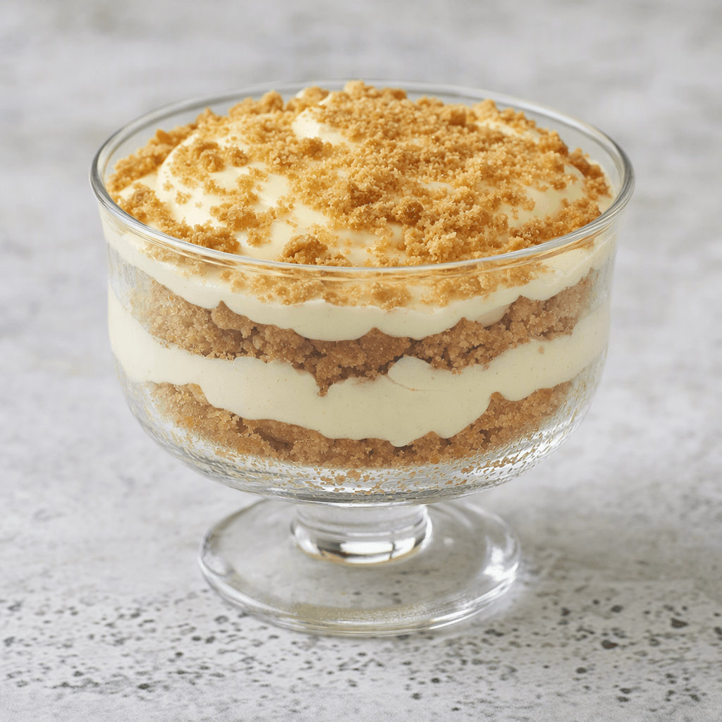 Small glass dessert bowls are filled with layers of pale, smooth cream and golden-brown biscuit crumbs, with a dusting of crumbs on top.