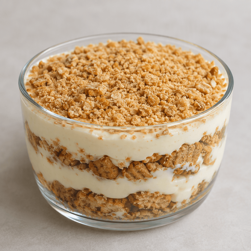 Creamy pale pudding is layered in a clear glass dish with golden-brown Burçak biscuit pieces and fine crumbs, with a dusting of crumbs visible on top.