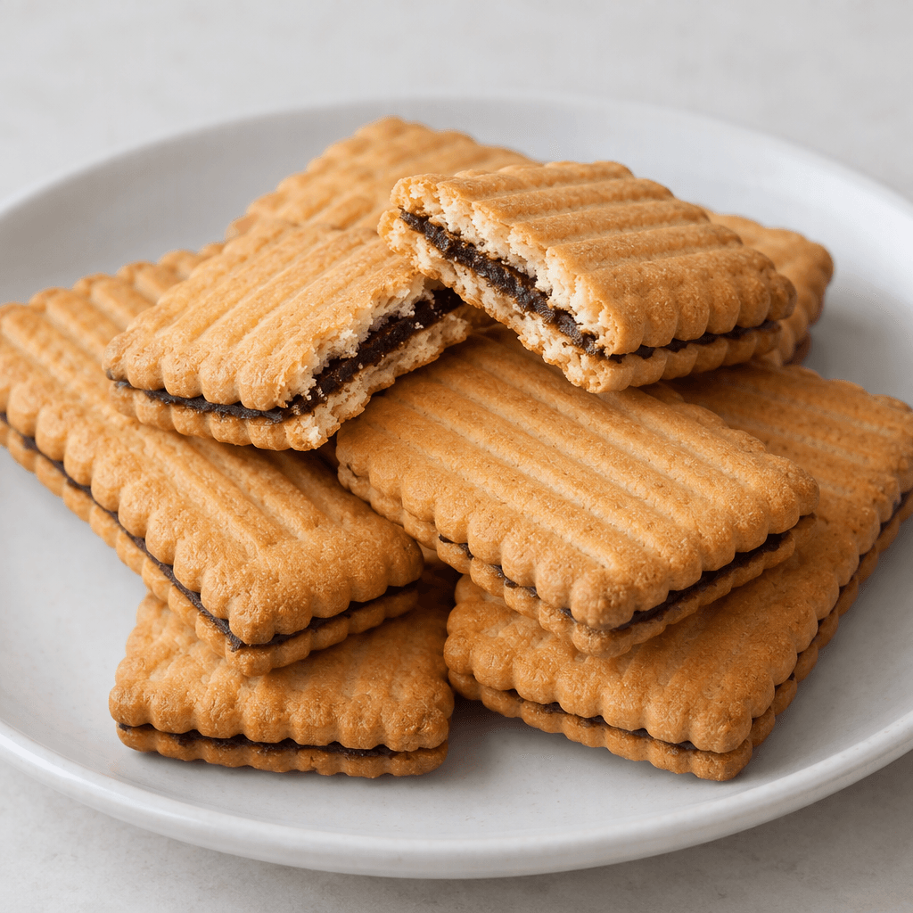Several rectangular, golden-brown biscuits with lightly ridged surfaces and scalloped edges are stacked and overlapped on a plain plate, with one broken open to show a thin, dark chocolate filling between two crisp biscuit layers.