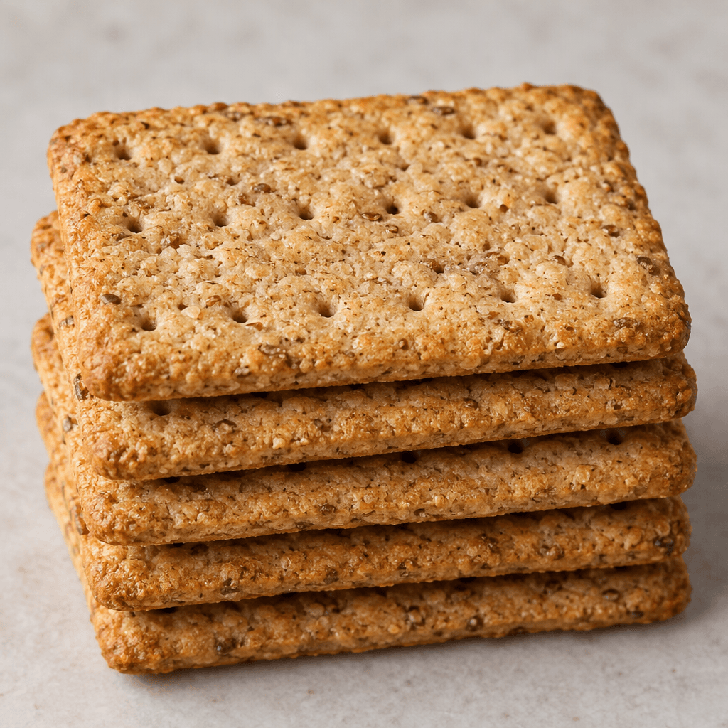 Thin, golden-brown rectangular biscuits with softly rounded corners, a lightly rough surface dotted with visible grain flecks, and small perforations, arranged in a neat stack.