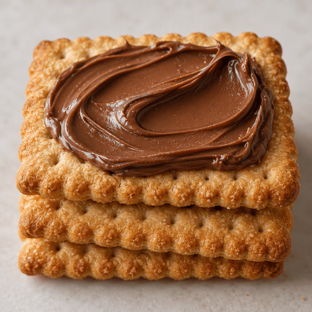 Golden-brown rectangular biscuits with a lightly grainy, dotted surface are served with a thick, smooth brown hazelnut spread on top.