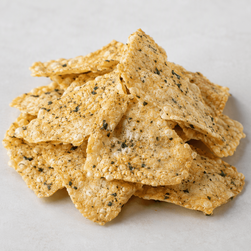 A small pile of thin, flat, irregularly shaped golden-beige grain chips with a lightly bubbled, crisp-looking surface and scattered green herb flecks.