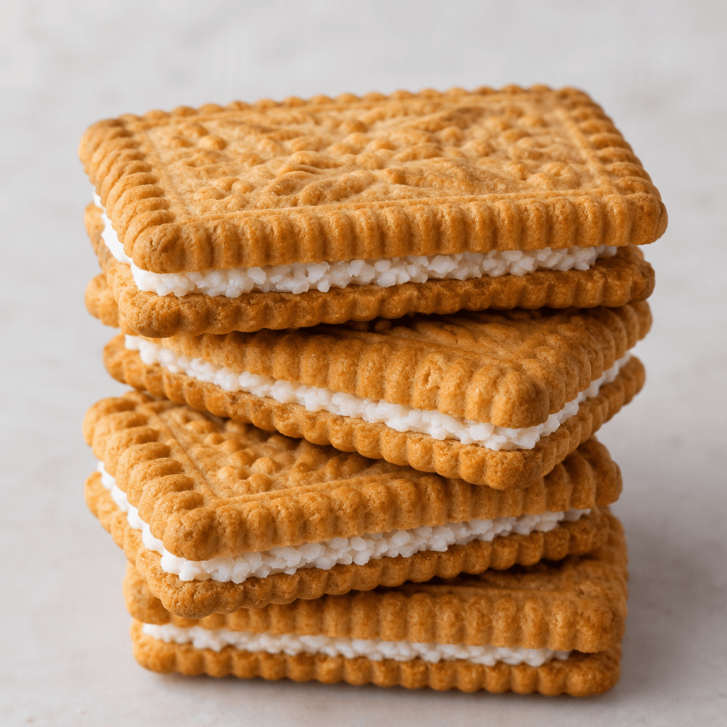 Golden-brown rectangular biscuits with ridged edges and an embossed surface are stacked, with a thin white coconut-cream layer visible between them.