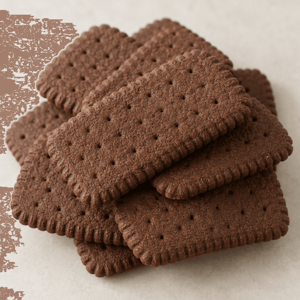 Thin, dark cocoa-brown rectangular biscuits with rounded corners, ridged edges and a lightly patterned, perforated surface are stacked and overlapped.