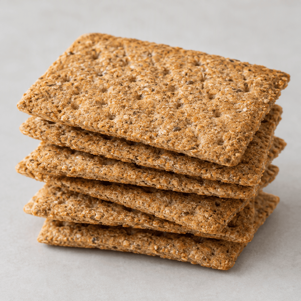 Thin, flat rectangular biscuits are stacked slightly askew, with a golden-brown surface, coarse bran flecks, and small pinholes.