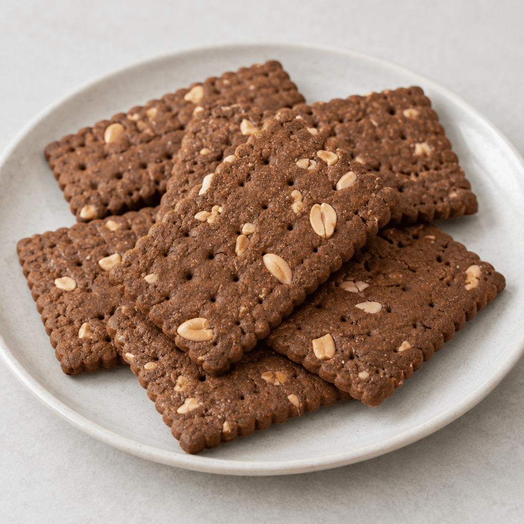 Several flat, rectangular cocoa-brown biscuits with lightly scalloped edges, tiny perforations and visible pale peanut pieces are arranged on a plate.