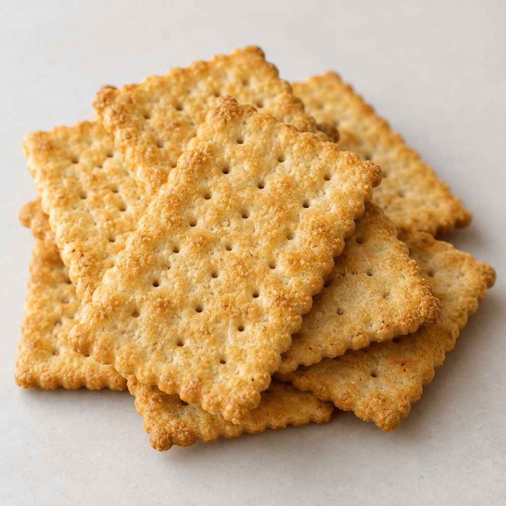 Thin, golden-beige rectangular savory biscuits with gently scalloped edges, small perforations and a lightly bubbled, crisp-looking surface are arranged in a loose stack.