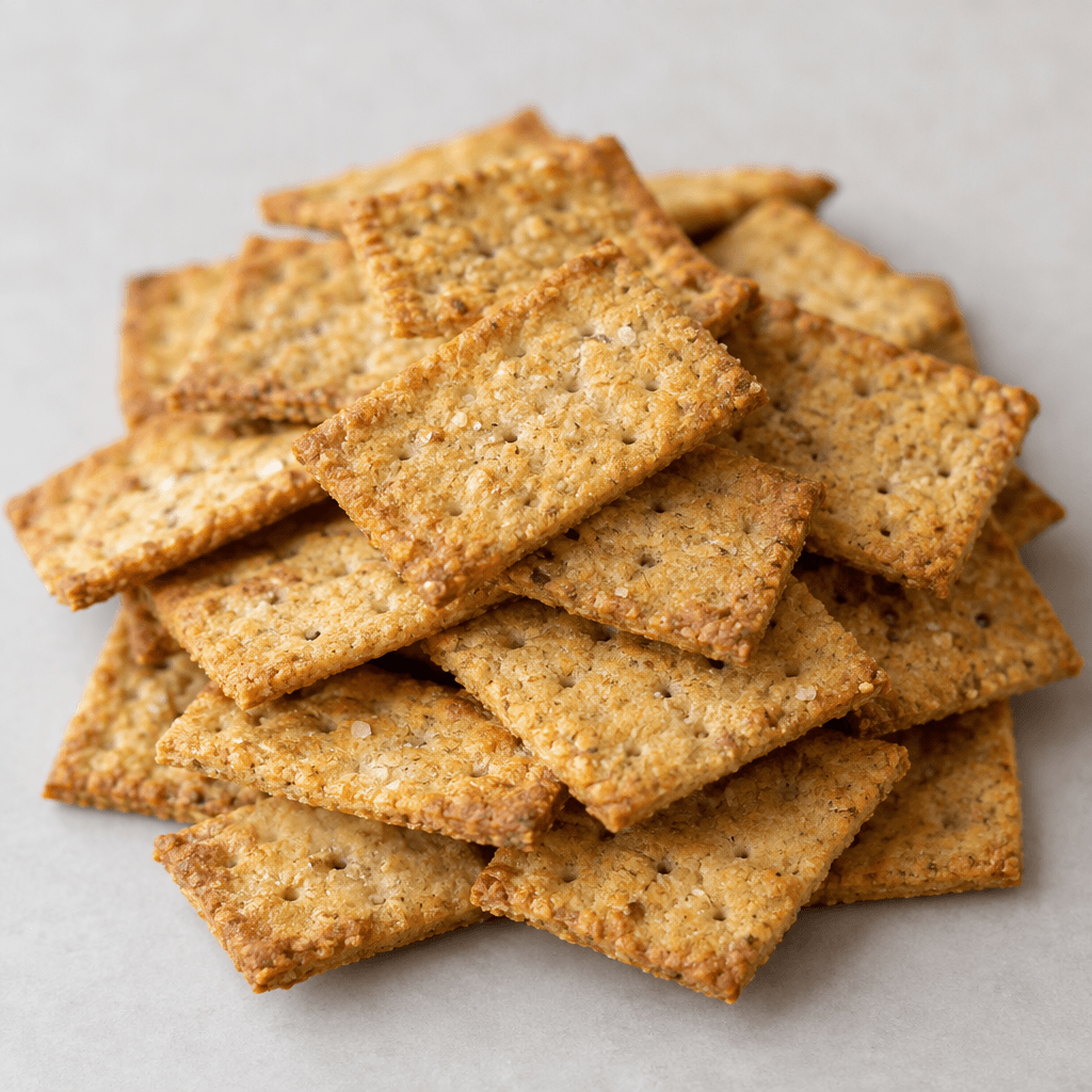 Small, thin, golden-brown rectangular crackers with lightly browned edges, a crisp grainy surface, and tiny holes, arranged in a loose pile.