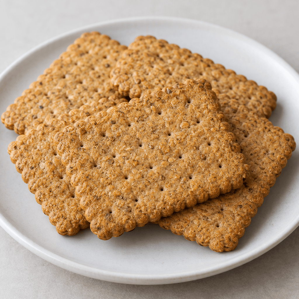 Several flat, rectangular golden-brown biscuits with rounded, ridged edges, tiny perforations and a coarse, grain-speckled surface are arranged on a plate.