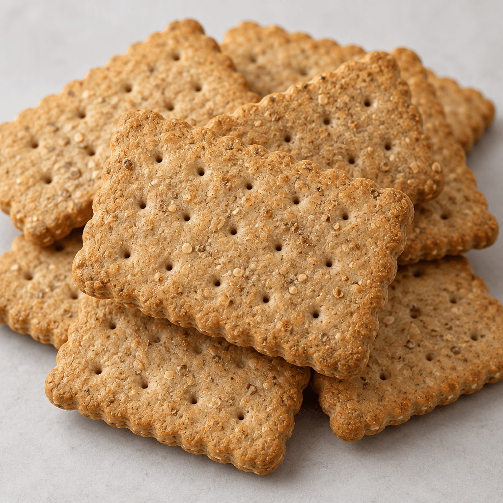 Small rectangular biscuits with rounded, slightly scalloped edges, a matte golden-brown surface, visible grain flecks and rows of tiny perforations.