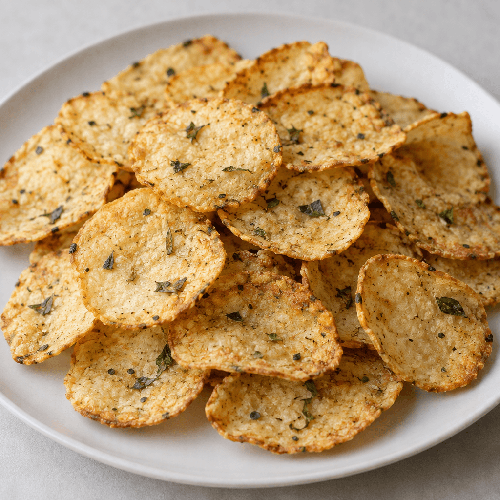 Thin, flat, golden-beige grain chips with lightly browned edges, a subtly uneven crisp surface and small green basil flecks, scattered on a plain plate.