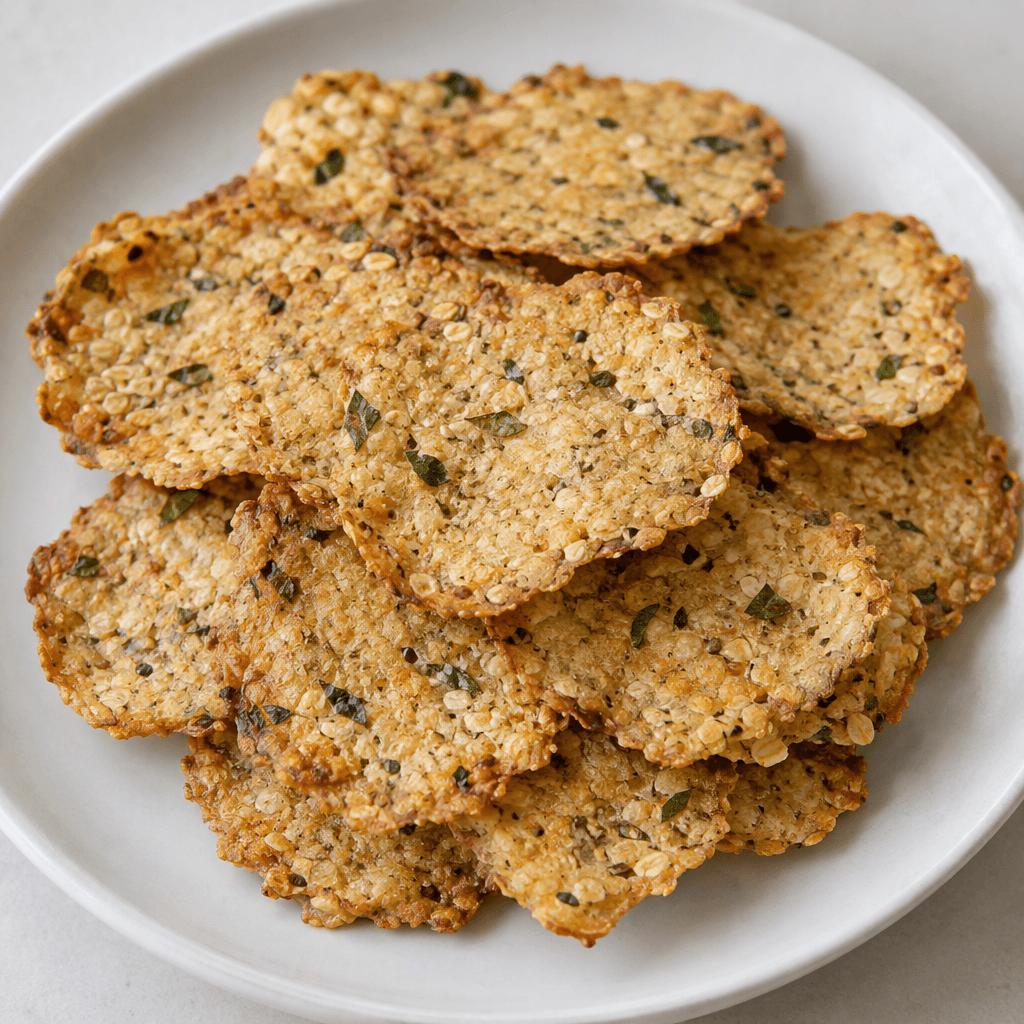 Thin, flat, golden-brown grain crisps with lightly browned edges and tiny green basil flecks, scattered on a plain plate.