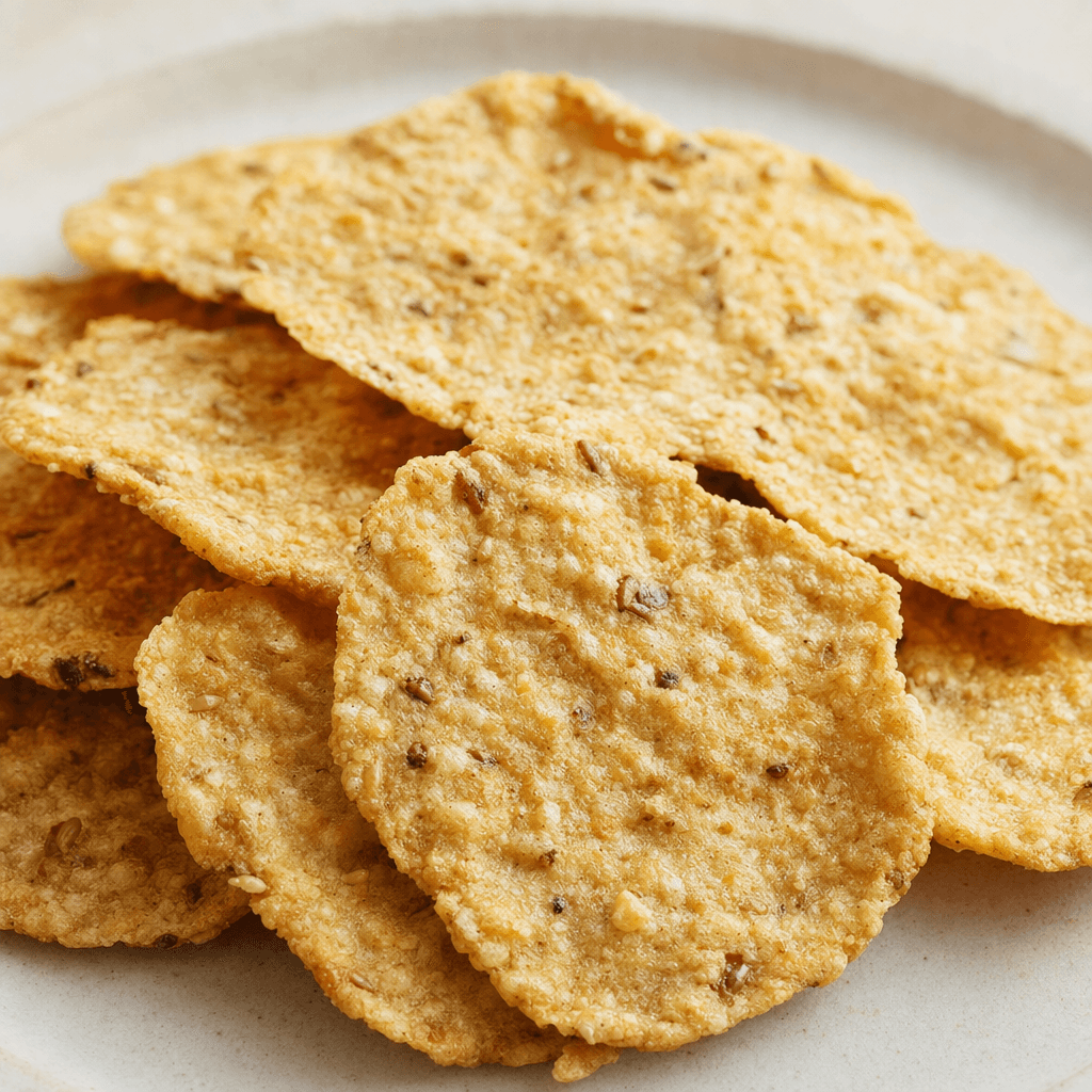 A small pile of thin, flat, irregularly shaped grain chips, golden tan with darker toasted flecks and a coarse, lightly bubbled surface.