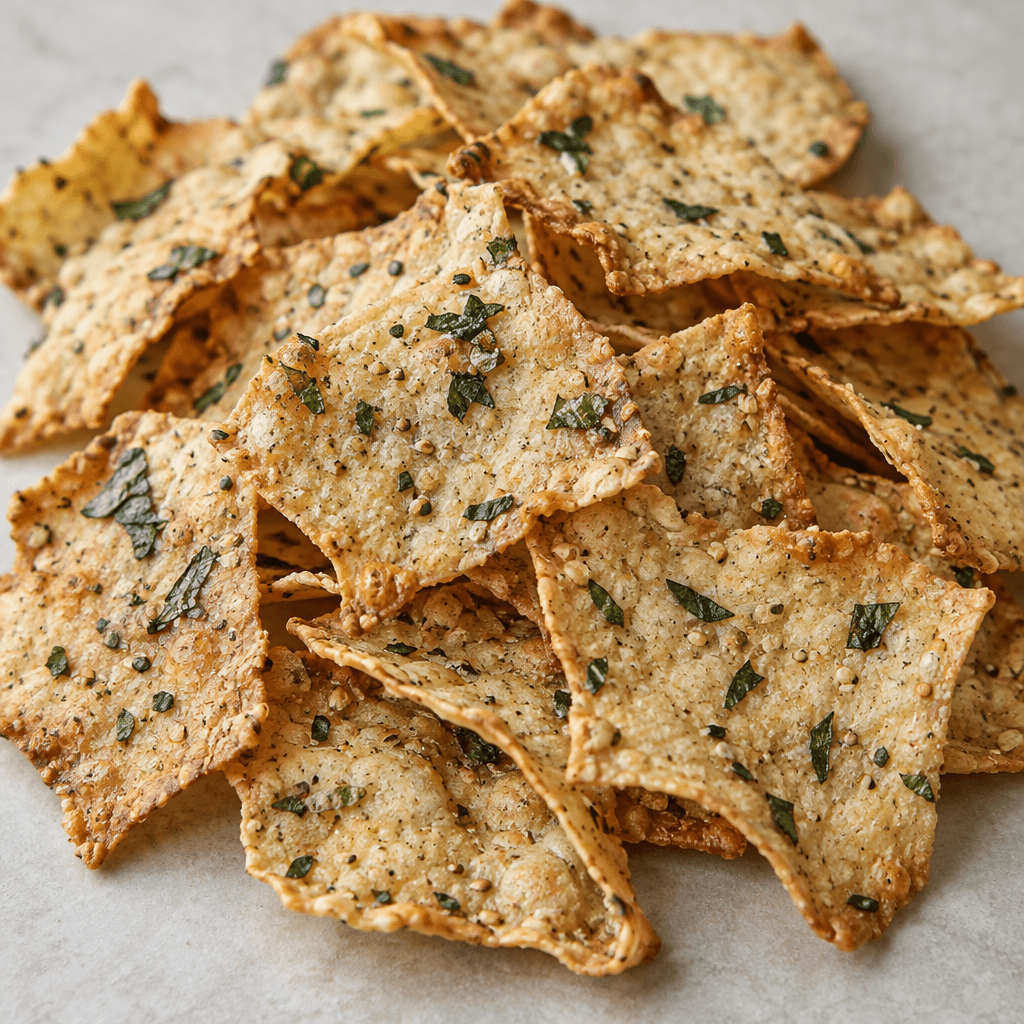 Thin, irregularly shaped baked grain chips lie scattered, their crisp, lightly blistered surfaces golden beige with visible green basil flecks.