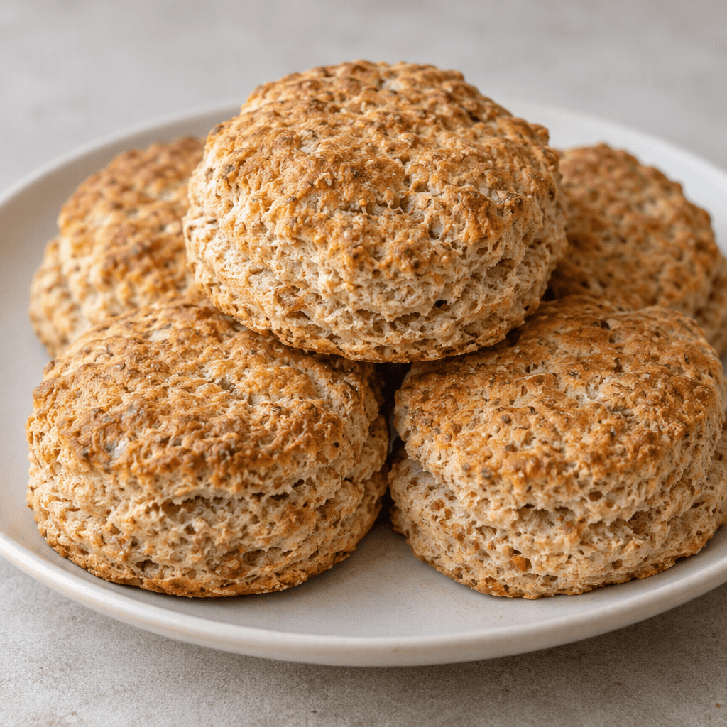 Several flat, golden-brown whole-grain biscuits with lightly rough surfaces and visible grain flecks are stacked on a plain plate.