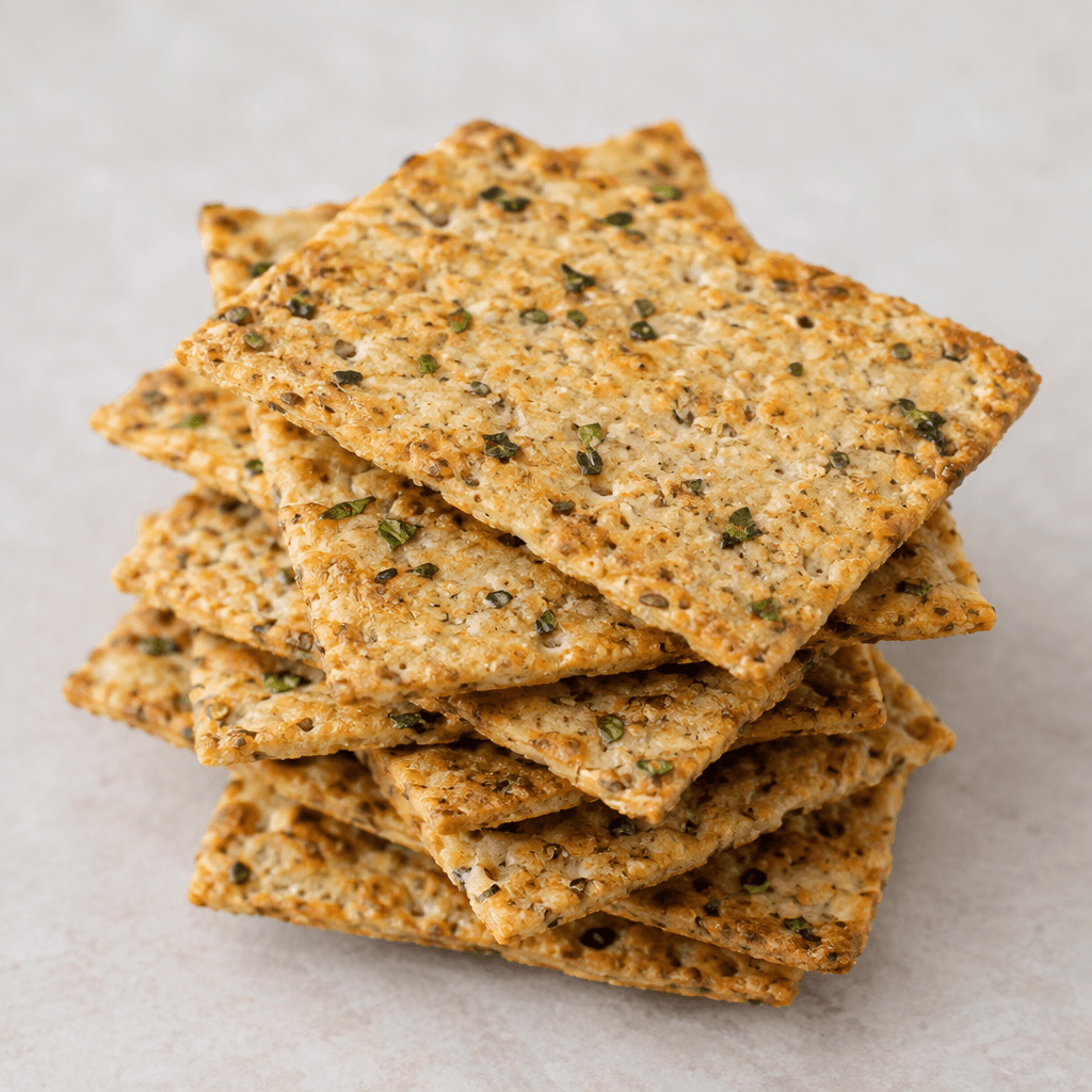 Thin, golden-brown rectangular grain crackers with a lightly rough, speckled surface and small green basil flecks, arranged in a loose stack.