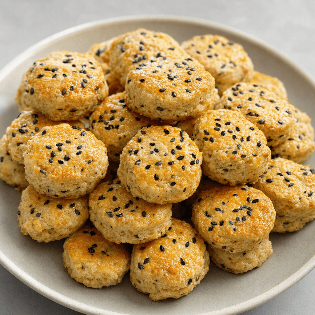 Small golden-brown savory biscuits with a lightly textured surface and scattered black seeds are arranged on a plate.
