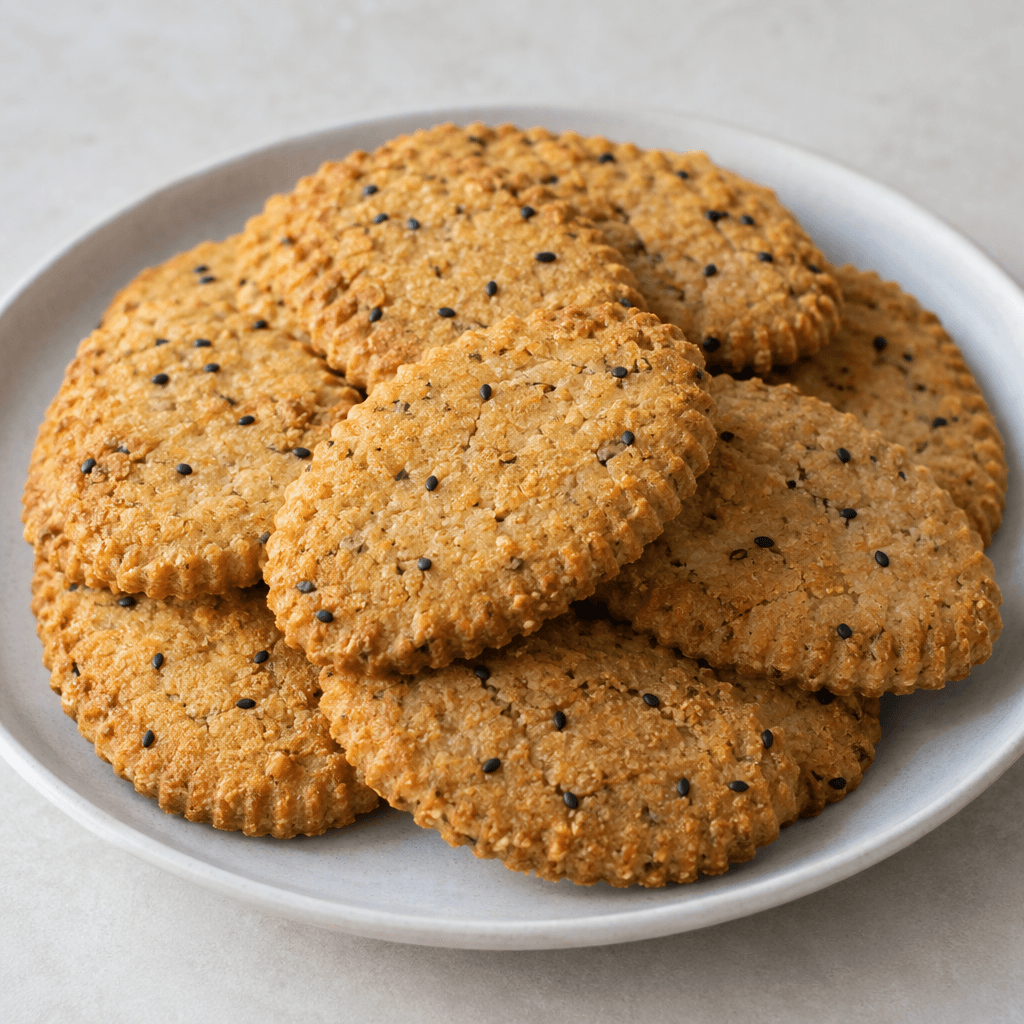Golden-brown, flat oval biscuits with lightly ridged edges, a coarse grainy surface, and scattered black cumin seeds are arranged on a plate.