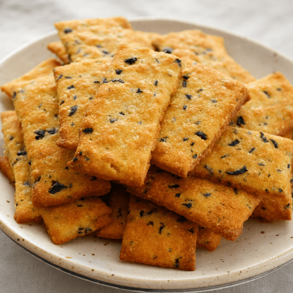 Thin, golden-brown rectangular savory biscuits with a lightly uneven, crisp-looking surface and small dark olive pieces visible throughout, stacked on a plate.